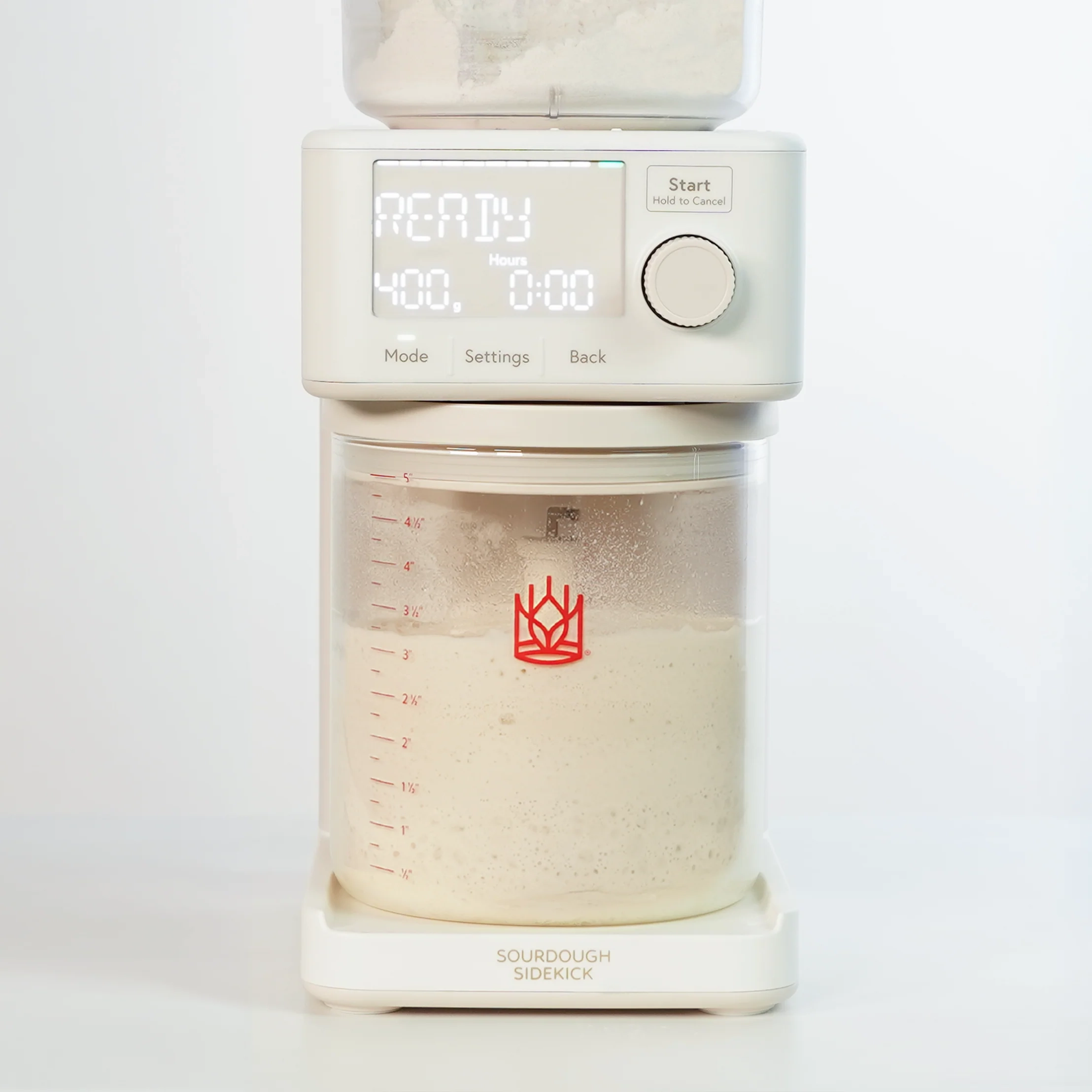 Sidekick display reading READY above a full crock of starter