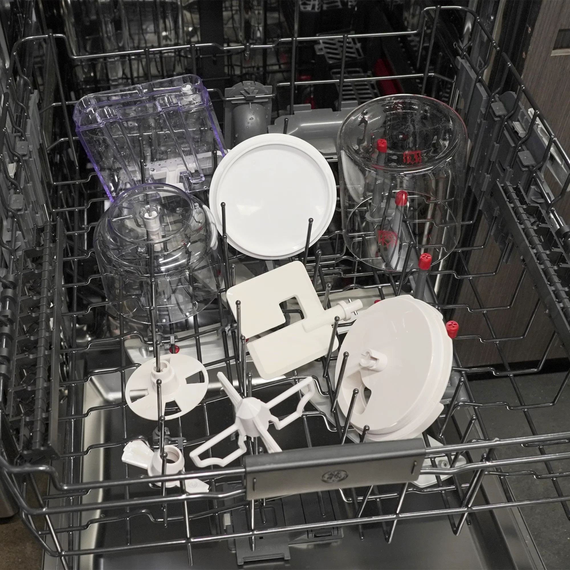 Open dishwasher showing the dishwasher safe components of the Sourdough Sidekick