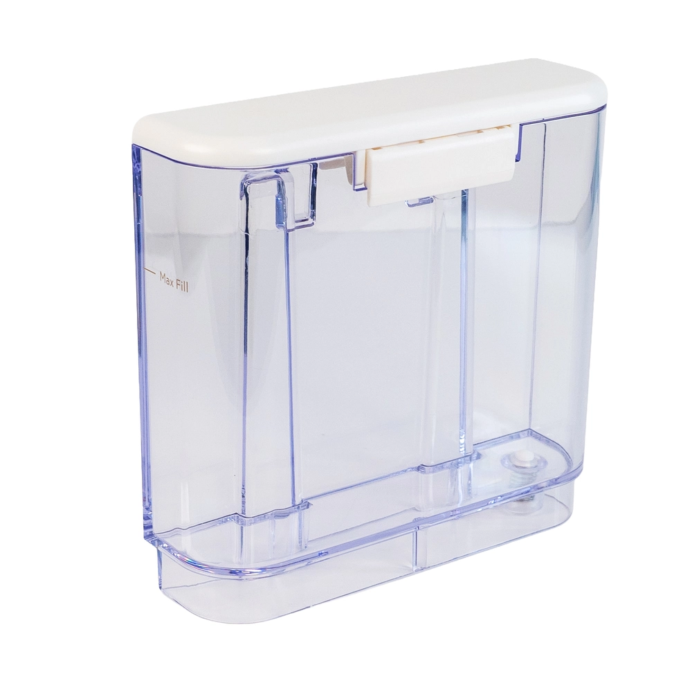Clear plastic container with a white lid on a white background